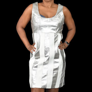 Vintage Leather Dress Silver Metallic White Striped Sheath Pencil Straight Large